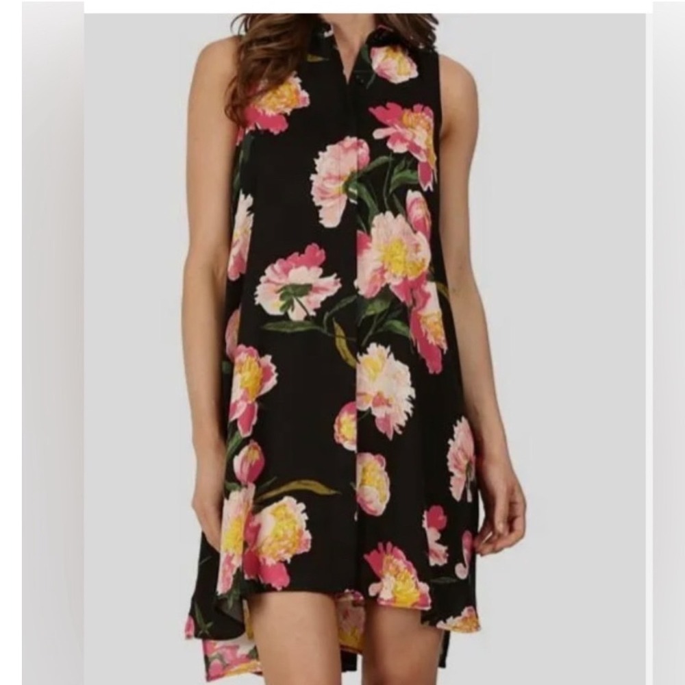 Adrianna Papell Womens Floral Peony Sleeveless High Low Shirt Dress Black Size 0